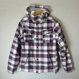 Y2K Burton Snowboard Jacket Womens Small Purple Plaid Good Hooded Powder Puffer